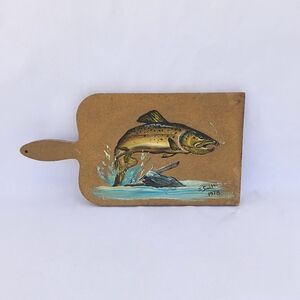 VINTAGE | Original Folk Art Trought Fish Cutting Board Painting By J. Smith 1978